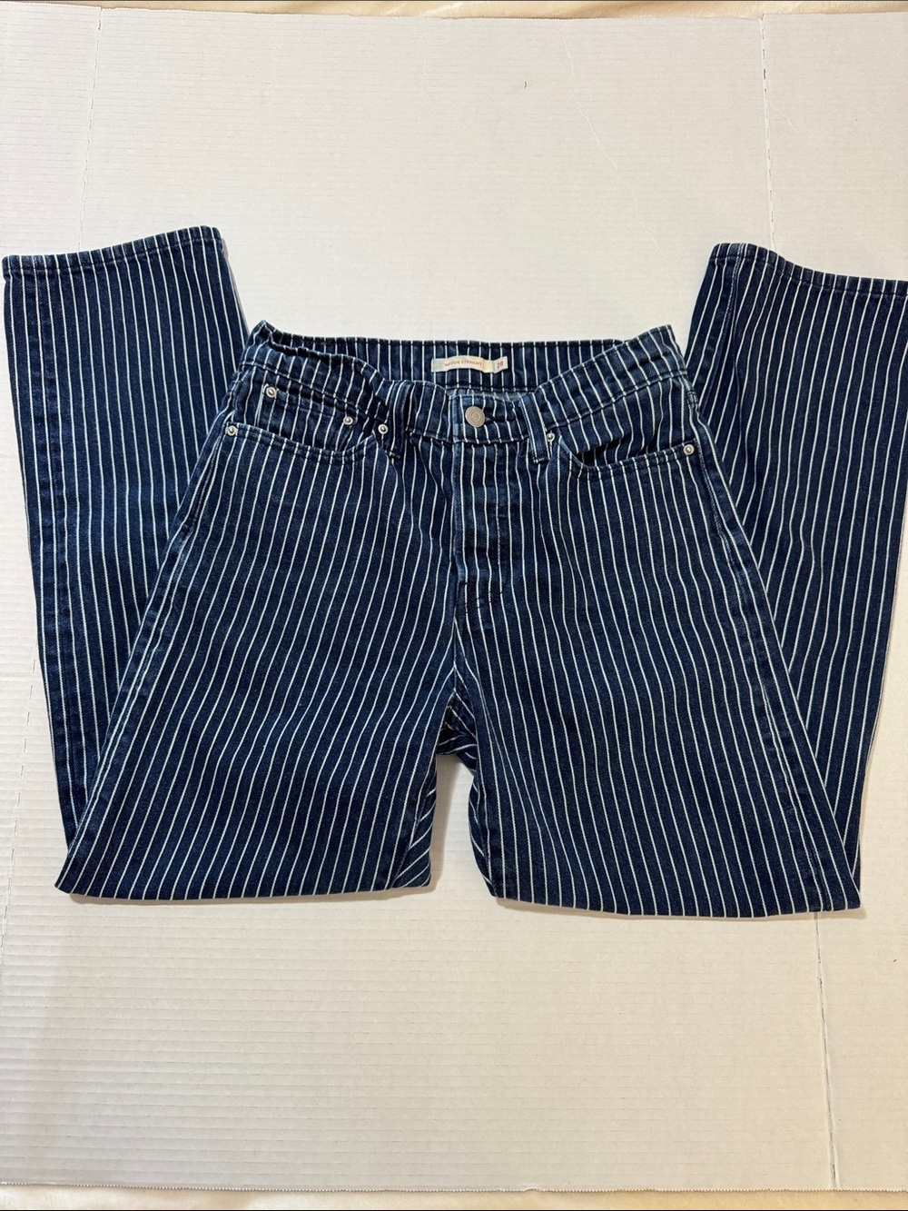 Levi's Blue White Pinstripe/Railroad Wedgie Straight High Rise Jeans size 28